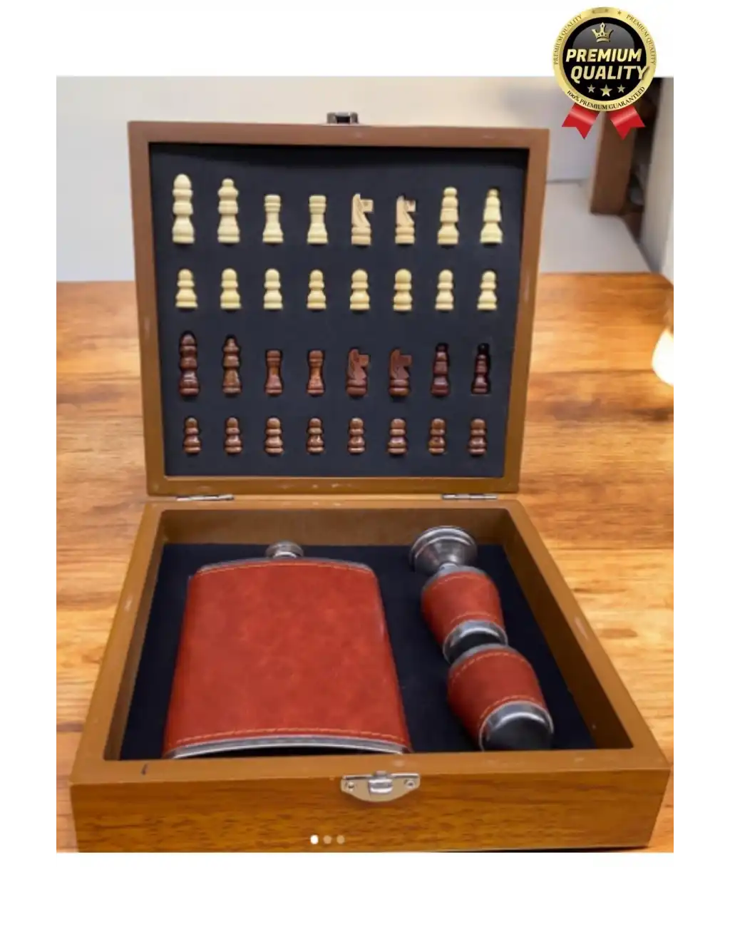 Deluxe Paslanmaz Çelik 8.Oz 2 Shot Bardaklı Satrançlı Ahşap Kutulu Alkol Deri Matara Seti 20*18 Cm