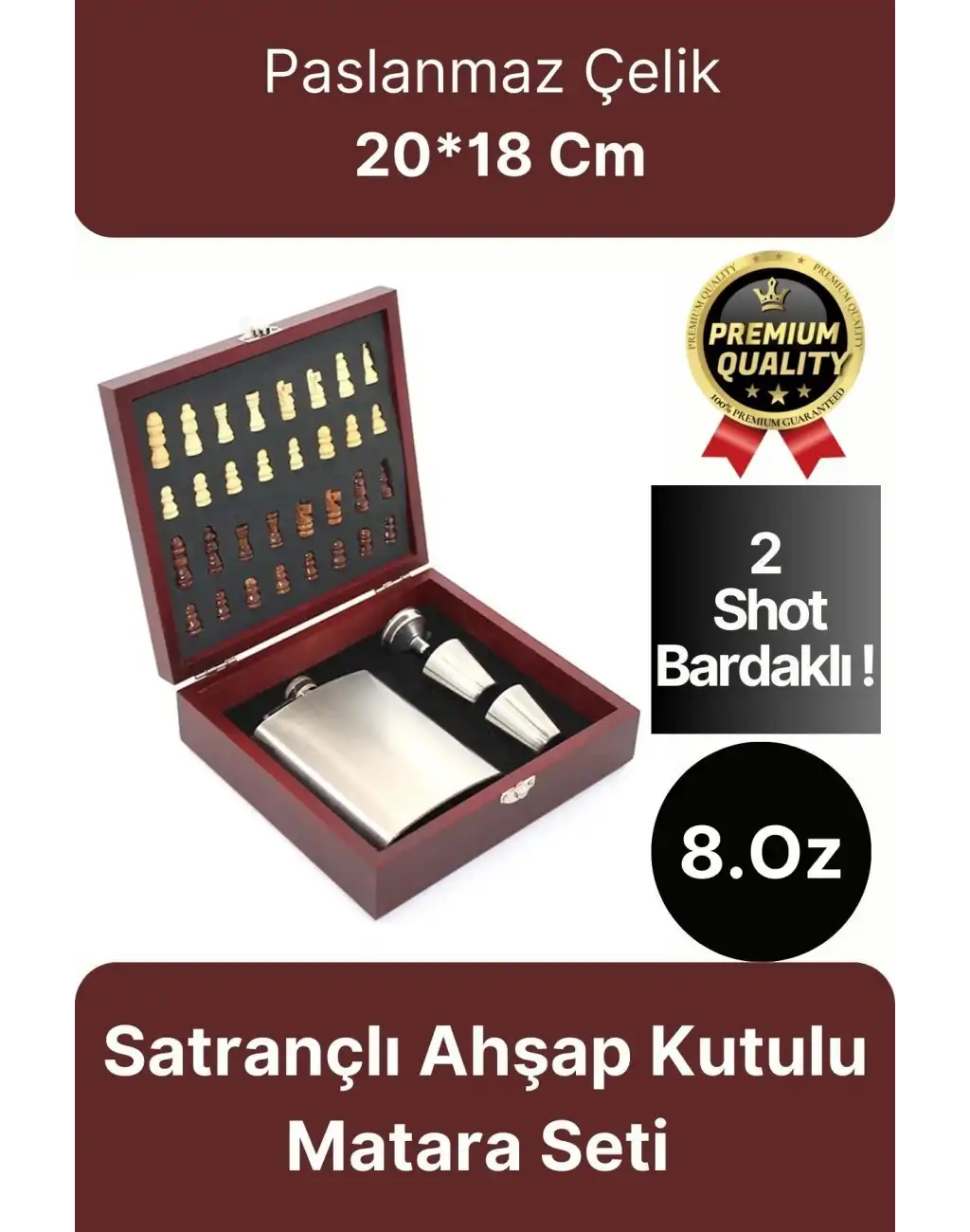 Deluxe Paslanmaz Çelik 8.Oz 2 Shot Bardaklı Satrançlı Ahşap Kutulu Alkol Matara Seti 20*18 Cm