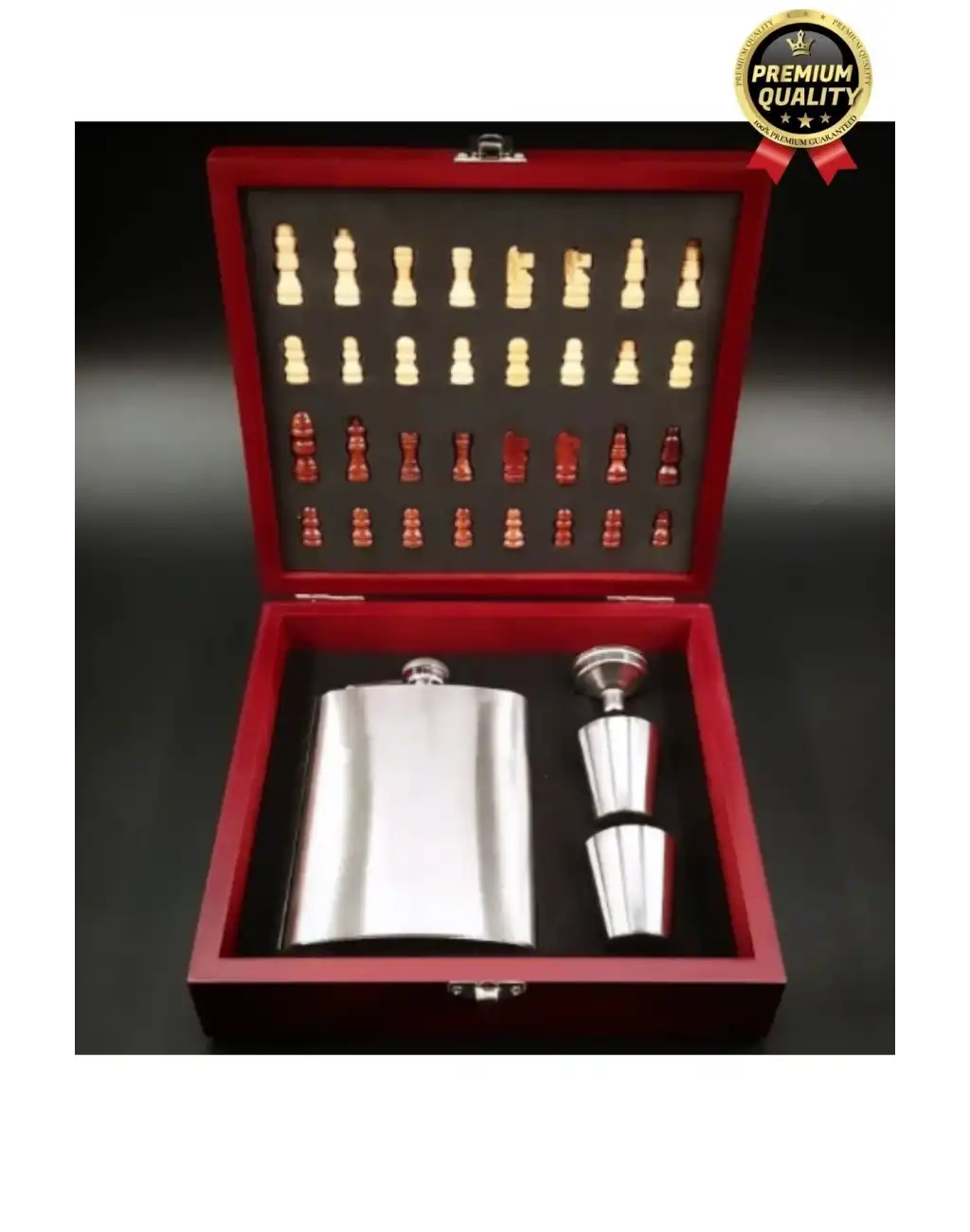 Deluxe Paslanmaz Çelik 8.Oz 2 Shot Bardaklı Satrançlı Ahşap Kutulu Alkol Matara Seti 20*18 Cm