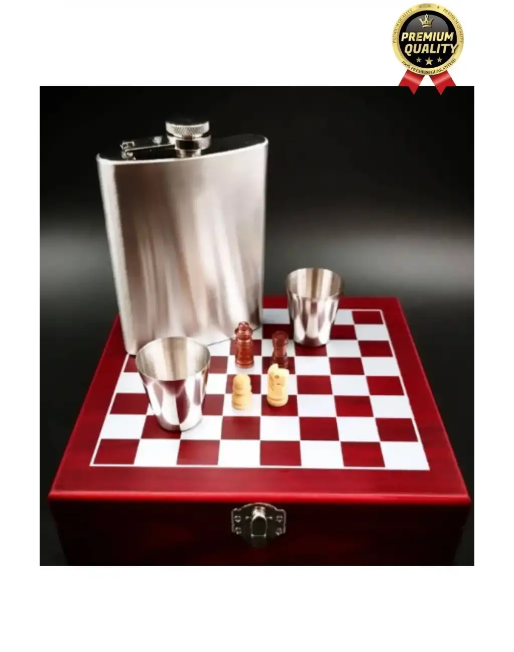 Deluxe Paslanmaz Çelik 8.Oz 2 Shot Bardaklı Satrançlı Ahşap Kutulu Alkol Matara Seti 20*18 Cm