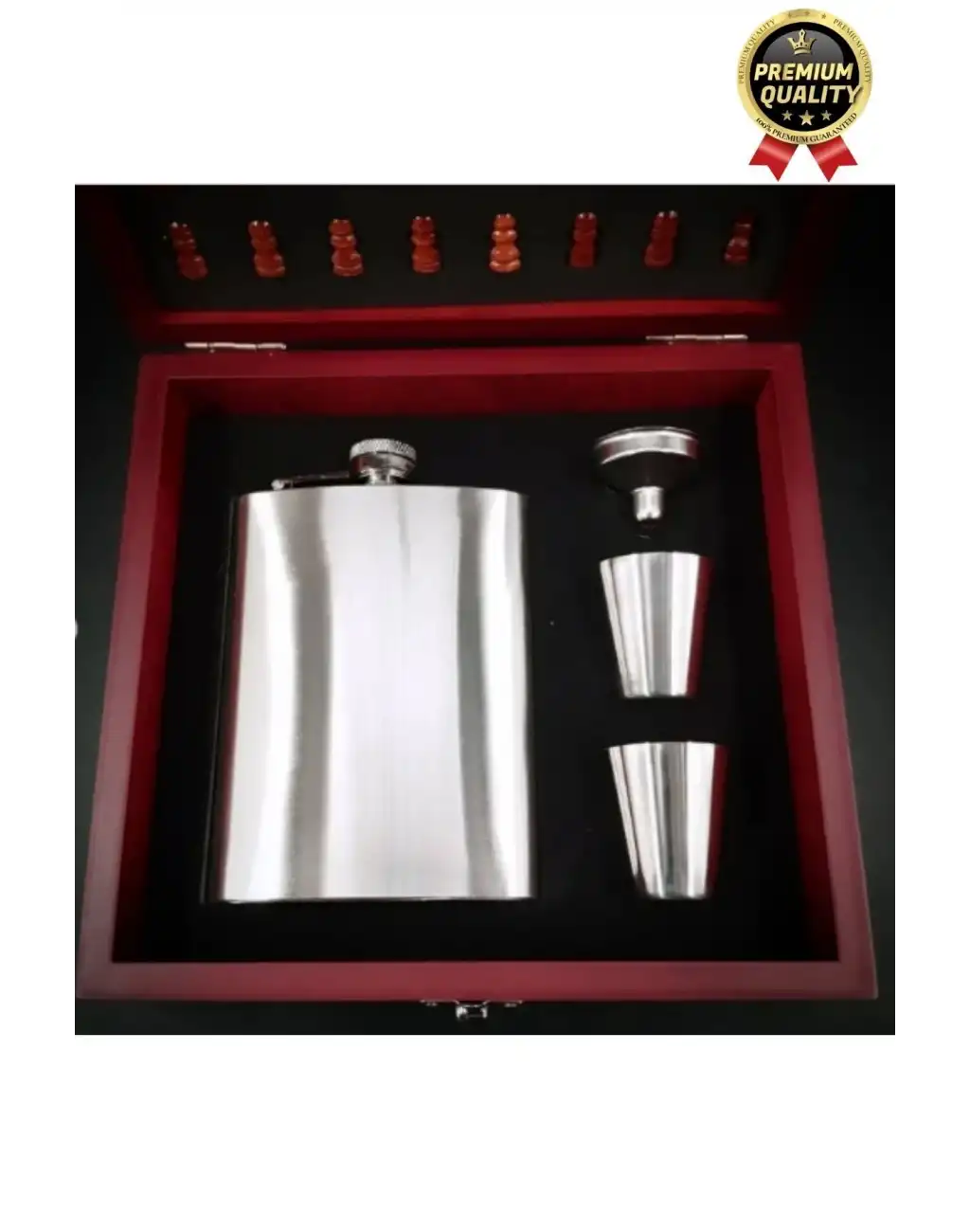 Deluxe Paslanmaz Çelik 8.Oz 2 Shot Bardaklı Satrançlı Ahşap Kutulu Alkol Matara Seti 20*18 Cm