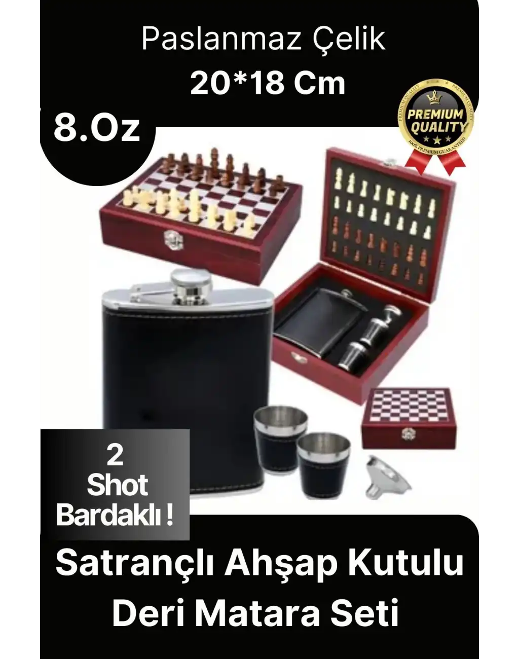 Deluxe Paslanmaz Çelik 8.Oz 2 Shot Bardaklı Satrançlı Ahşap Kutulu Alkol Deri Matara Seti 20*18 Cm