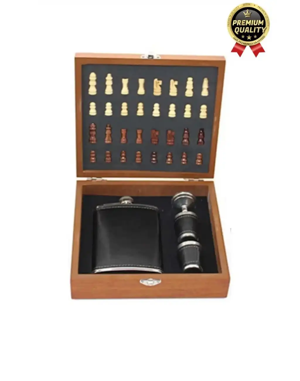 Deluxe Paslanmaz Çelik 8.Oz 2 Shot Bardaklı Satrançlı Ahşap Kutulu Alkol Deri Matara Seti 20*18 Cm