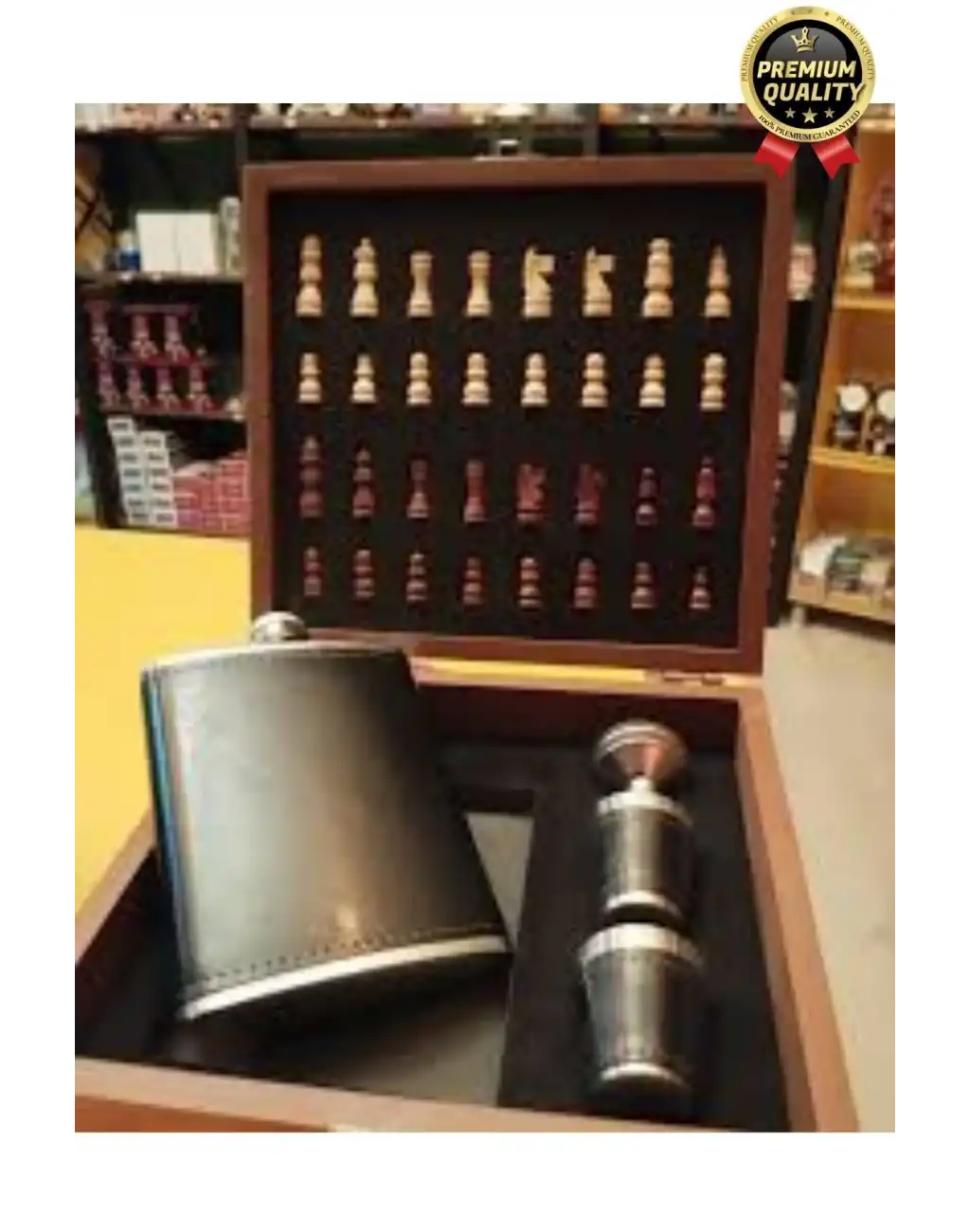 Deluxe Paslanmaz Çelik 8.Oz 2 Shot Bardaklı Satrançlı Ahşap Kutulu Alkol Deri Matara Seti 20*18 Cm