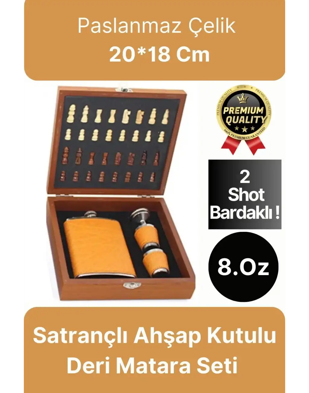 Deluxe Paslanmaz Çelik 8.Oz 2 Shot Bardaklı Satrançlı Ahşap Kutulu Alkol Deri Matara Seti 20*18 Cm