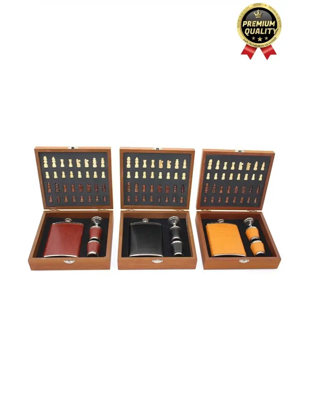 Deluxe Paslanmaz Çelik 8.Oz 2 Shot Bardaklı Satrançlı Ahşap Kutulu Alkol Deri Matara Seti 20*18 Cm