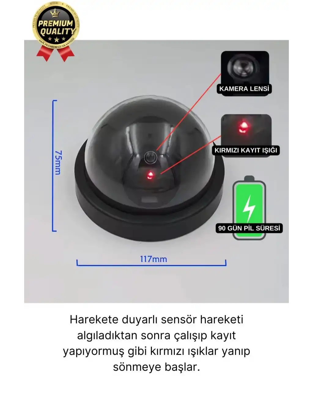 Deluxe 5 Metre Harekete Duyarlı Pilli Yanıp Sönen Kırmızı Işıklı Caydırıcı Dome Güvenlik Kamerası