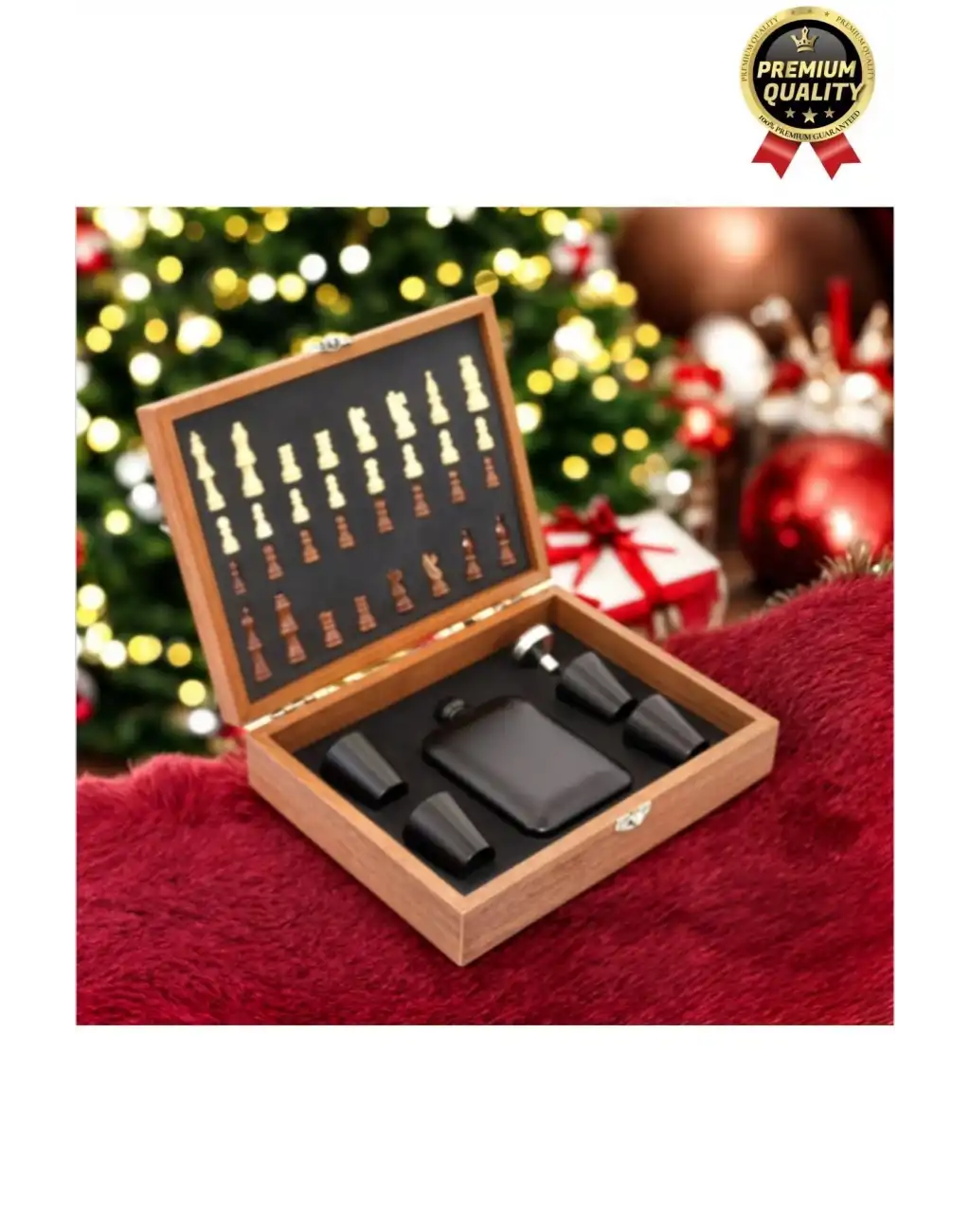 Deluxe Paslanmaz Çelik 8.Oz 4 Shot Bardaklı Satrançlı Ahşap Kutulu Alkol Matara Seti 24*18 Cm