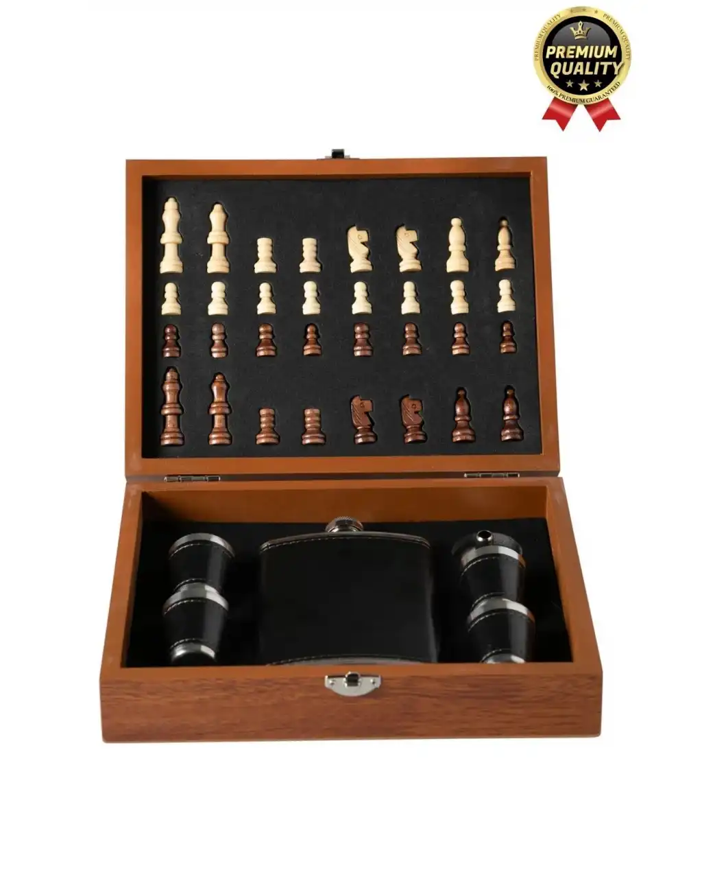 Deluxe Paslanmaz Çelik 8.Oz 4 Shot Bardaklı Satrançlı Ahşap Kutulu Alkol Matara Seti 24*18 Cm