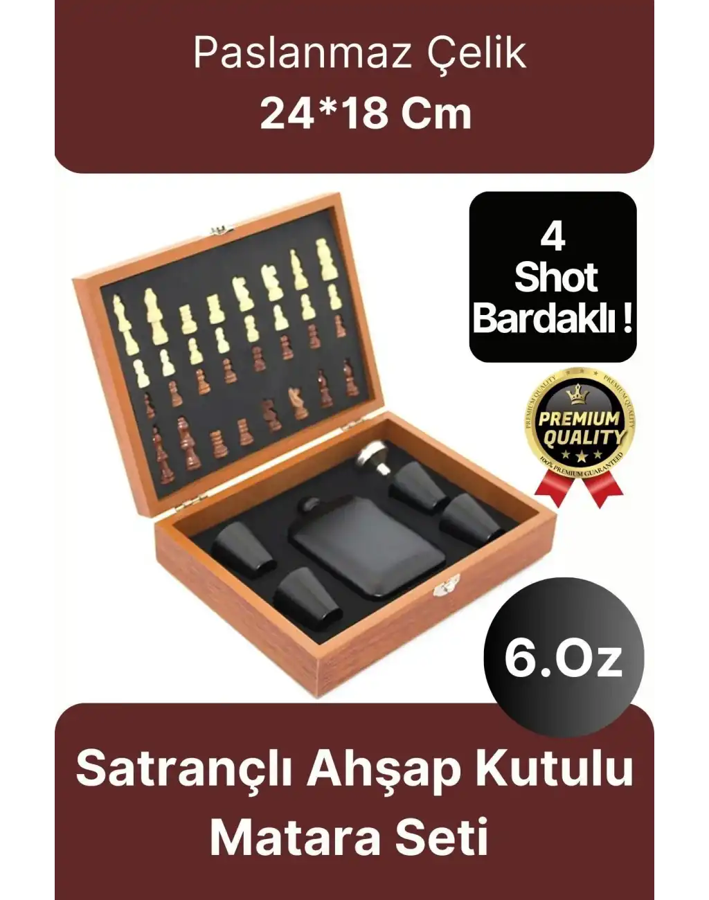 Deluxe Paslanmaz Çelik 6.Oz 4 Shot Bardaklı Satrançlı Ahşap Kutulu Alkol Matara Seti 24*18 Cm