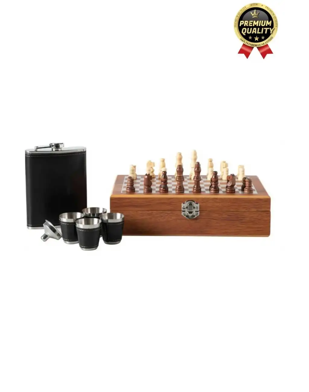 Deluxe Paslanmaz Çelik 6.Oz 4 Shot Bardaklı Satrançlı Ahşap Kutulu Alkol Matara Seti 24*18 Cm