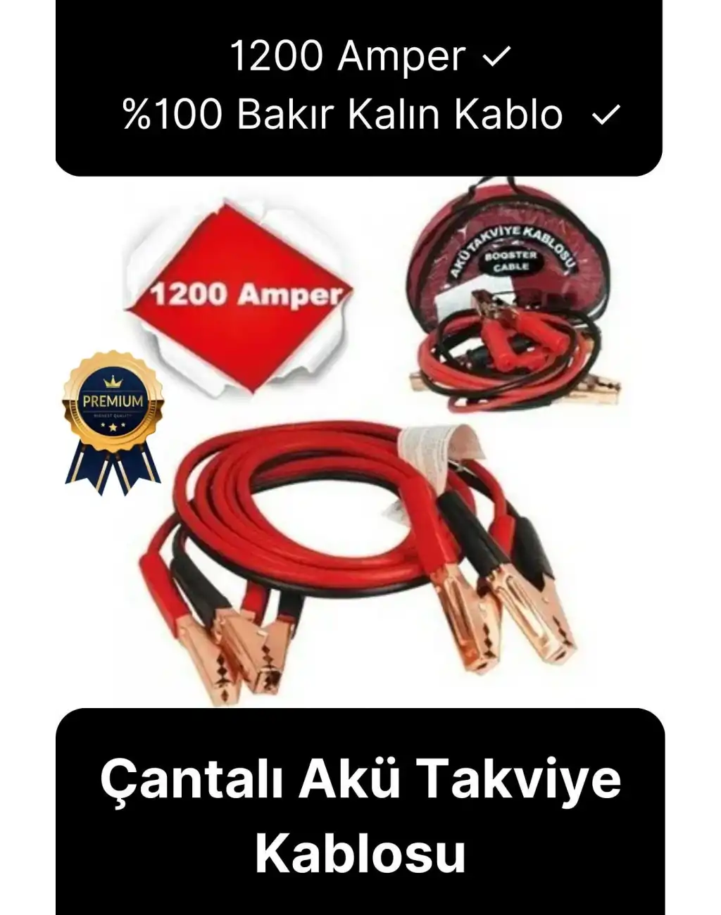 Çantalı %100 Bakır Kalın Kablo ve Hızlı Şarj Güçlü 1200 Amper Oto Araç Akü Şarj Takviye Kablosu 2m