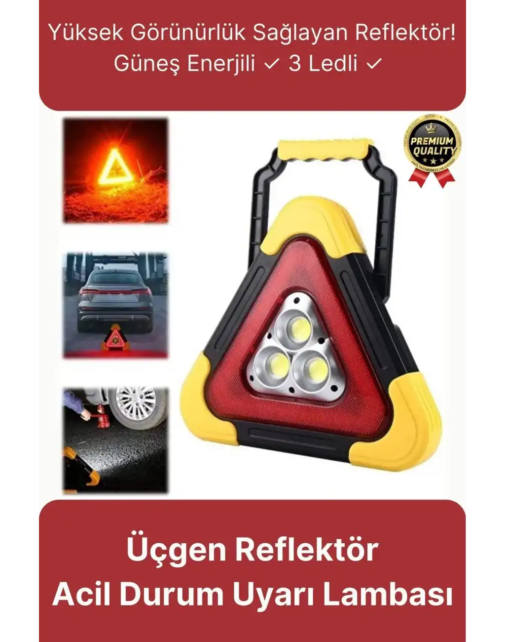 Premium Güneş Enerjili Güçlü Işık 3 Ledli Solar Üçgen Refluj Reflektör Acil Durum Uyarı Lambası
