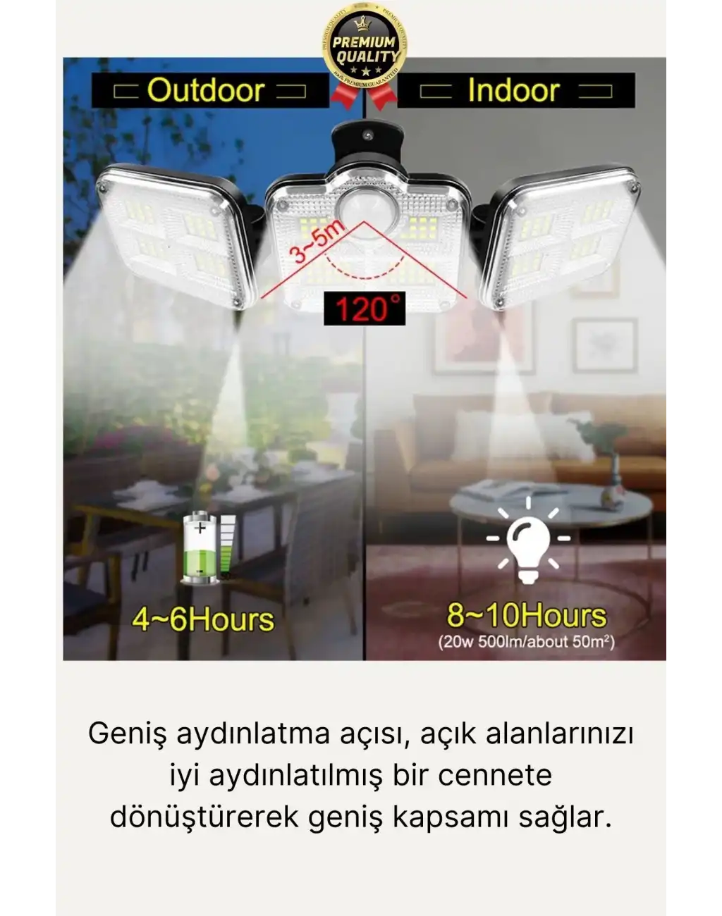 Ayarlanabilir 3 Modlu Solar Güneş Enerjili 122 Ledli Dış Mekan için Hareket Sensörlü Bahçe Lambası