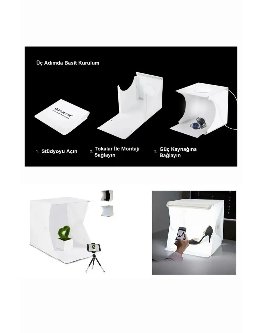 Çok Amaçlı Portatif Taşınabilir Beyaz Led Işıklı Pratik Mini Fon Fotoğraf Stüdyosu Ürün Çekim Çadırı