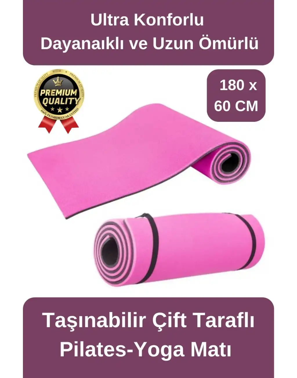 Ultra Konfor Taşıma Askılı Kalın Kaymaz Çift Taraf Pembe Siyah Meditasyon Pilates Minderi Yoga Matı