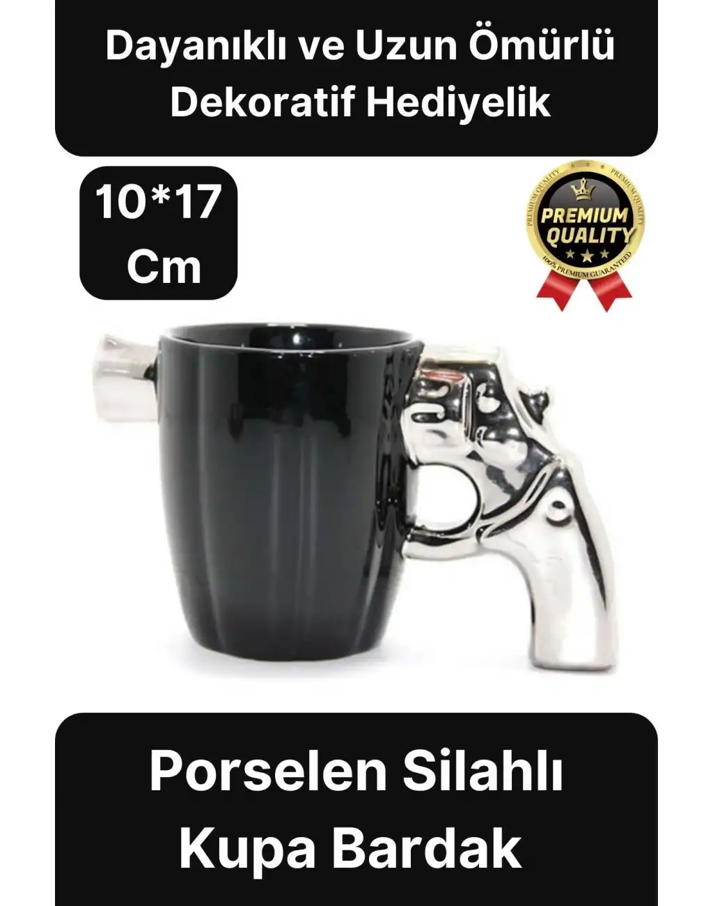 Özel Tasarım Dekoratif Hediyelik Porselen Siyah Silah Görünümlü Gümüş Tutacaklı Kupa Bardak 10*17 Cm
