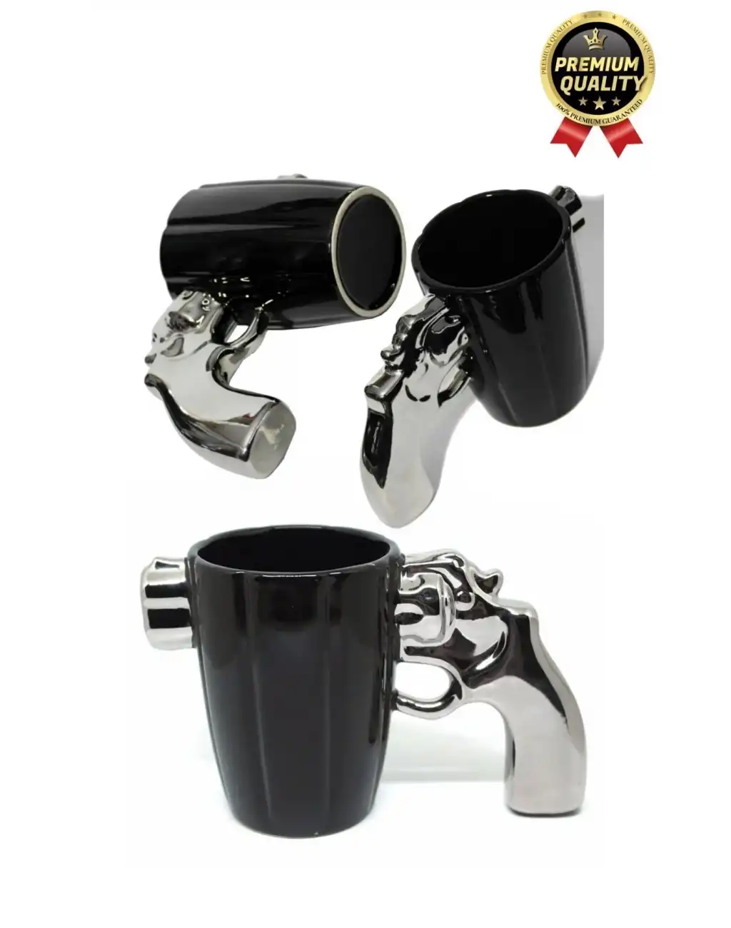 Özel Tasarım Dekoratif Hediyelik Porselen Siyah Silah Görünümlü Gümüş Tutacaklı Kupa Bardak 10*17 Cm