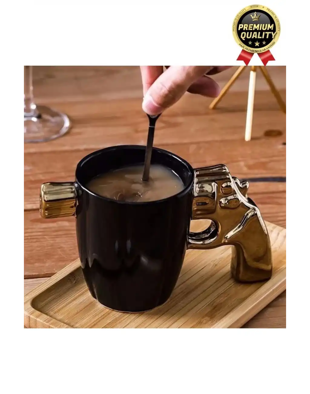 Özel Tasarım Dekoratif Hediyelik Porselen Siyah Silah Görünümlü Gümüş Tutacaklı Kupa Bardak 10*17 Cm