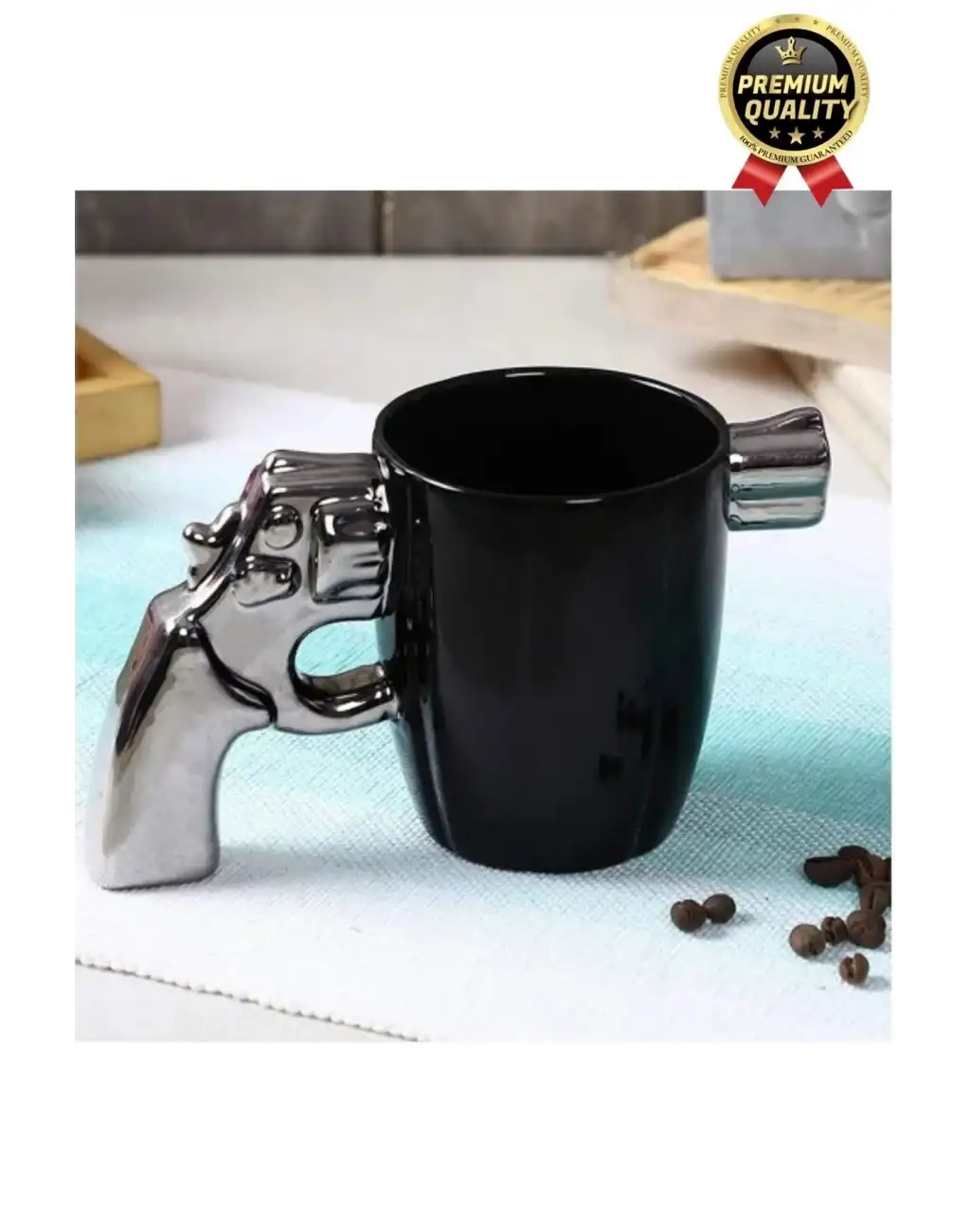 Özel Tasarım Dekoratif Hediyelik Porselen Siyah Silah Görünümlü Gümüş Tutacaklı Kupa Bardak 10*17 Cm