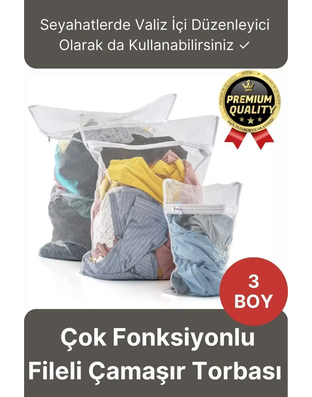 Çok Fonksiyonlu Dayanıklı Yıkama Renkli Fermuarlı Kirli Temiz Sepeti Fileli Çamaşır Torbası 3 Adet