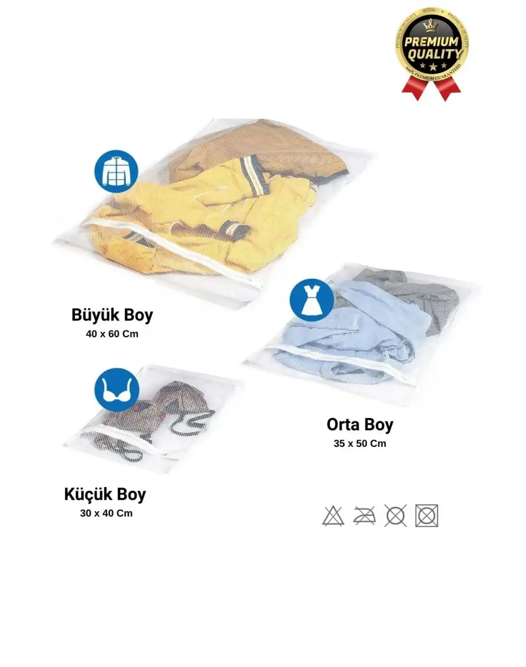 Çok Fonksiyonlu Dayanıklı Yıkama Renkli Fermuarlı Kirli Temiz Sepeti Fileli Çamaşır Torbası 3 Adet