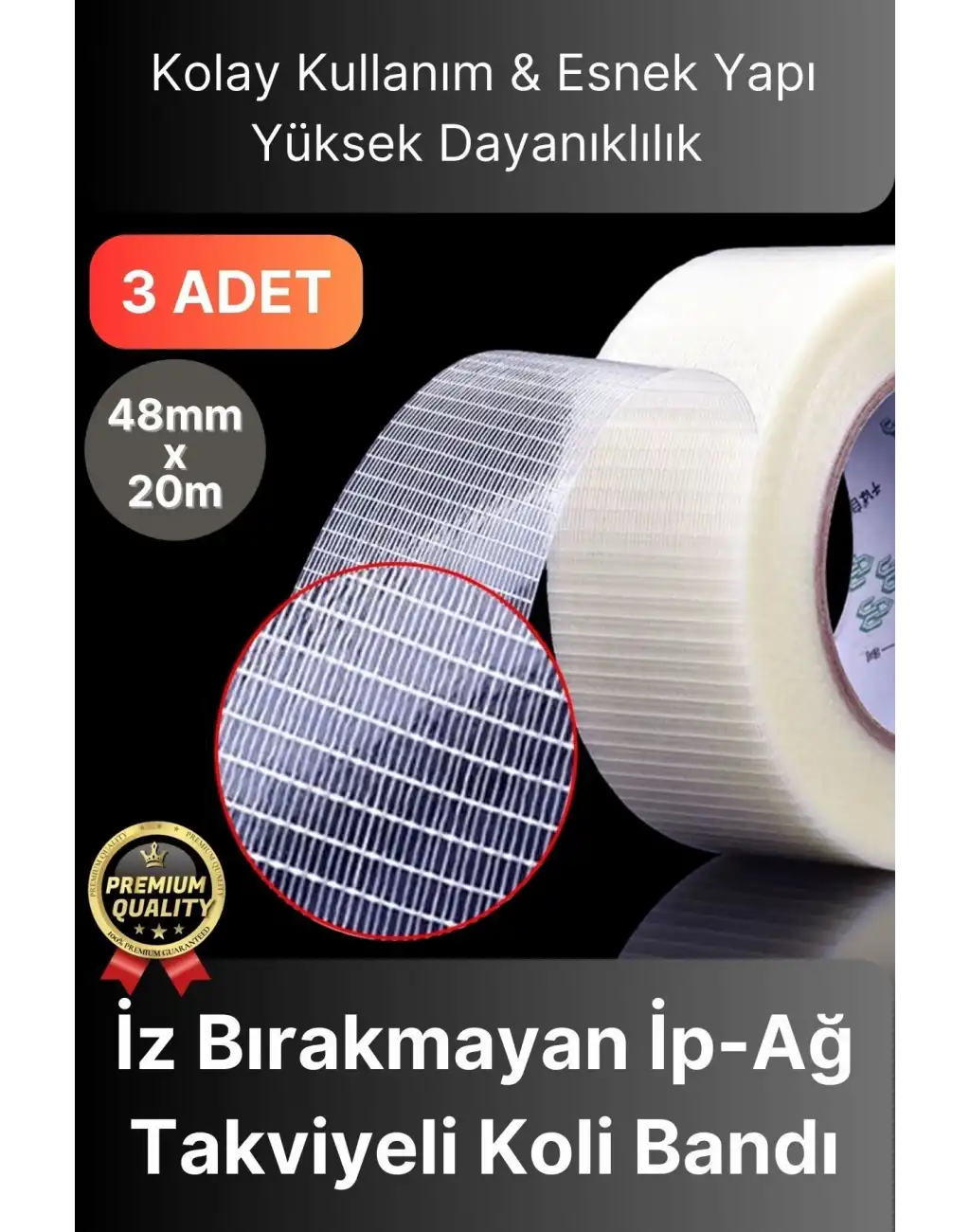 Kolay Kullanım Çok Güçlü Kopmaz Yüksek Mukavemetli İz Bırakmayan Ağ İp Takviyeli Koli Bandı - 3 Adet