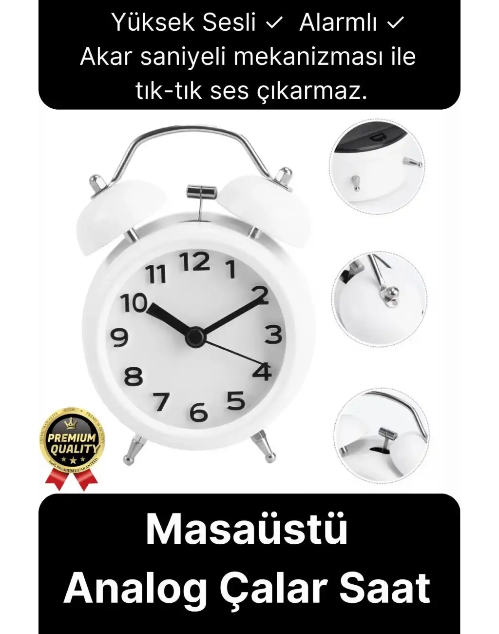 Premium Kalite Dekoratif Pilli Yüksek Sesli Alarmlı Çift Çan Formlu Masaüstü Mini Analog Çalar Saat