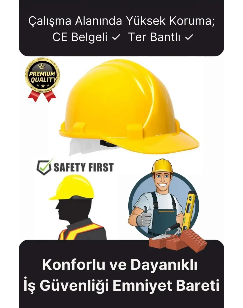 Premium Dayanıklı Konforlu CE Belgeli Ter Bantlı Şantiye İnşaat İş Güvenliği Sarı Emniyet Bareti