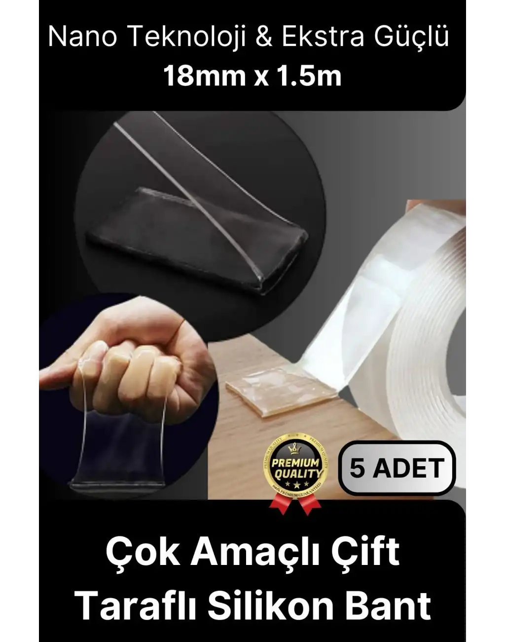 Çok Amaçlı İzolasyon Hava Su Sızdırmaz Çift Taraflı Silikon Şeffaf Nano Bant 18mm x 1.5m - 5 Adet