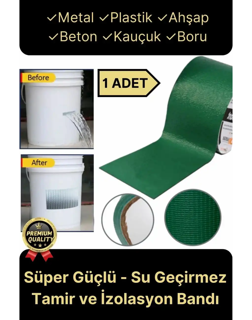 Premium Dayanıklı Süper Güçlü Su Geçirmez Sızdırmaz Yeşil Tamir ve İzolasyon Bandı 48mm x 10m-1 Adet
