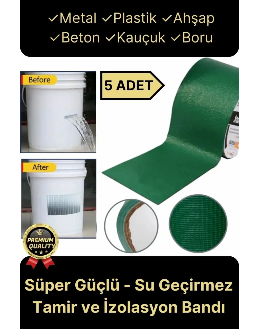 Premium Dayanıklı Süper Güçlü Su Geçirmez Sızdırmaz Yeşil Tamir ve İzolasyon Bandı 48mm x 10m-5 Adet