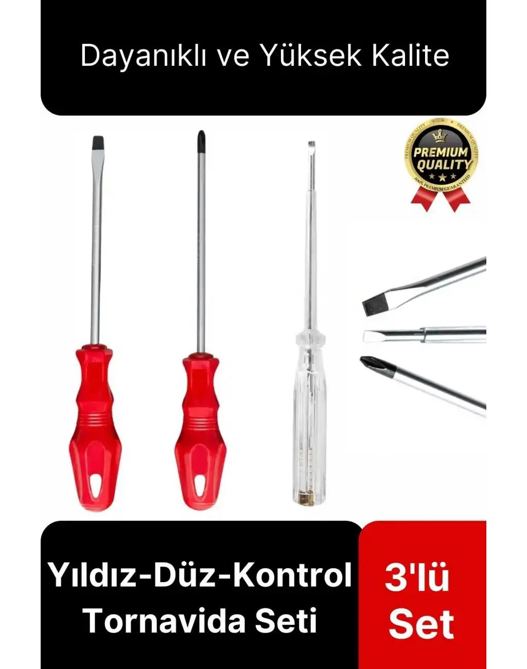 Premium Dayanıklı Ergonomik Vidalama Tamir Tadilat Yıldız Düz Kontrol Kalemi 3lü Tornavida Seti