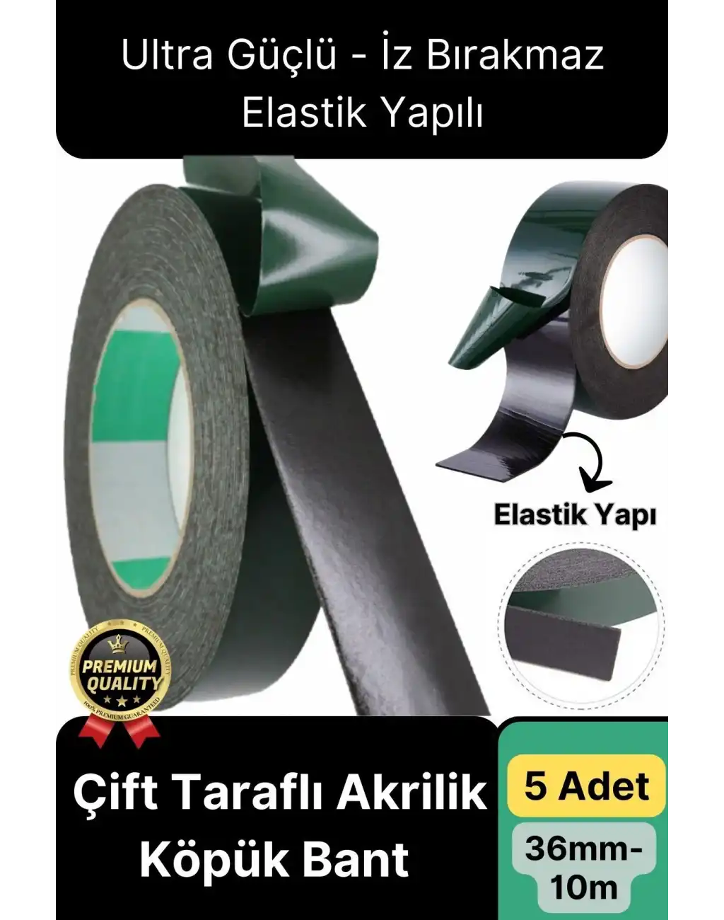 Premium Ultra Güçlü İz Bırakmaz Elastik Yapılı Çift Taraflı Akrilik Köpük Bant 36mm - 10m - 5 Adet