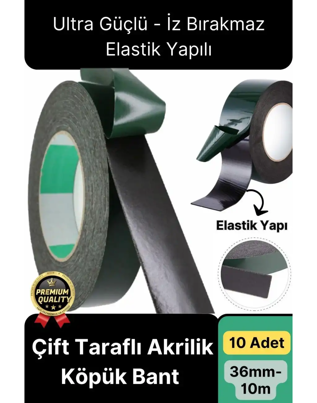Premium Ultra Güçlü İz Bırakmaz Elastik Yapılı Çift Taraflı Akrilik Köpük Bant 36mm - 10m - 10 Adet