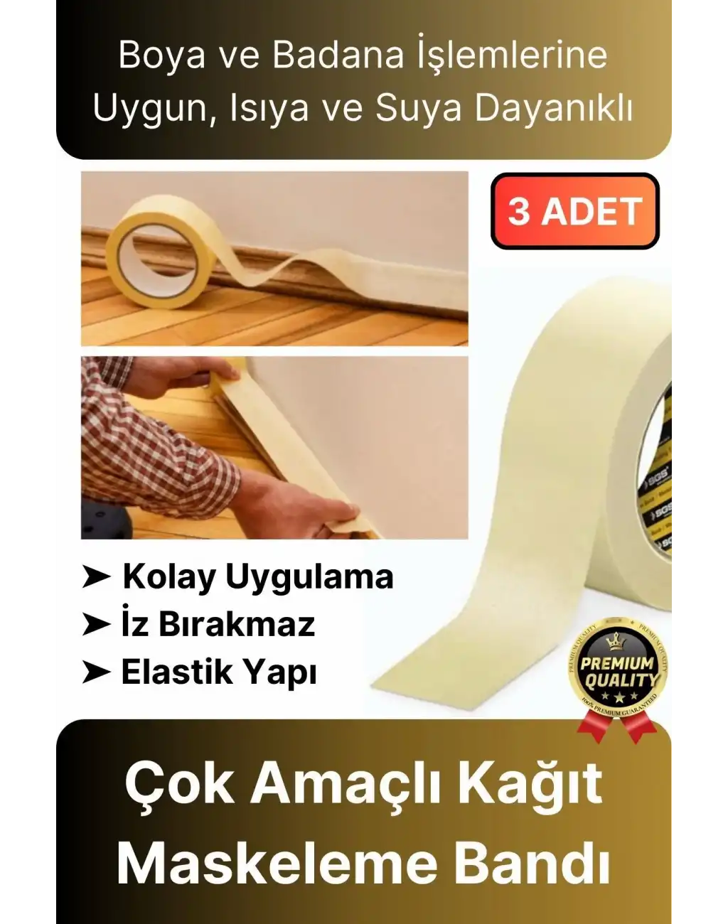 Çok Amaçlı Isıya Suya Dayanıklı Kolay Sökülebilen 25mt Krep Kağıt Maskeleme Boya Badana Bandı-3 Adet