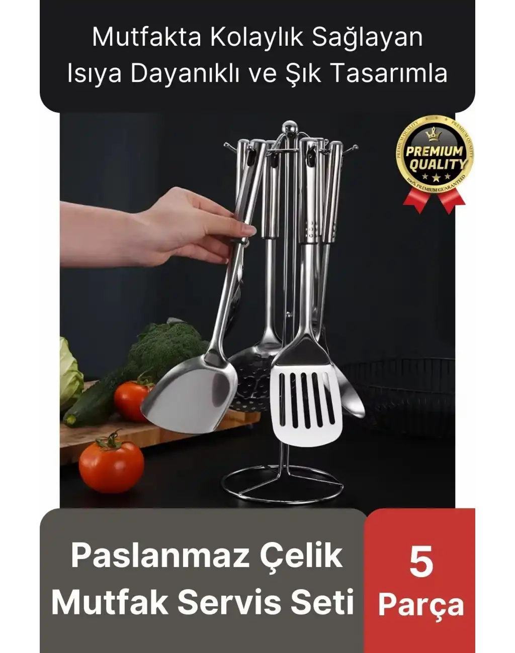 Çok Amaçlı Paslanmaz Çelik Isıya Dayanıklı Saplı Spatula Kepçe 5 Parça Standlı Mutfak Servis Seti