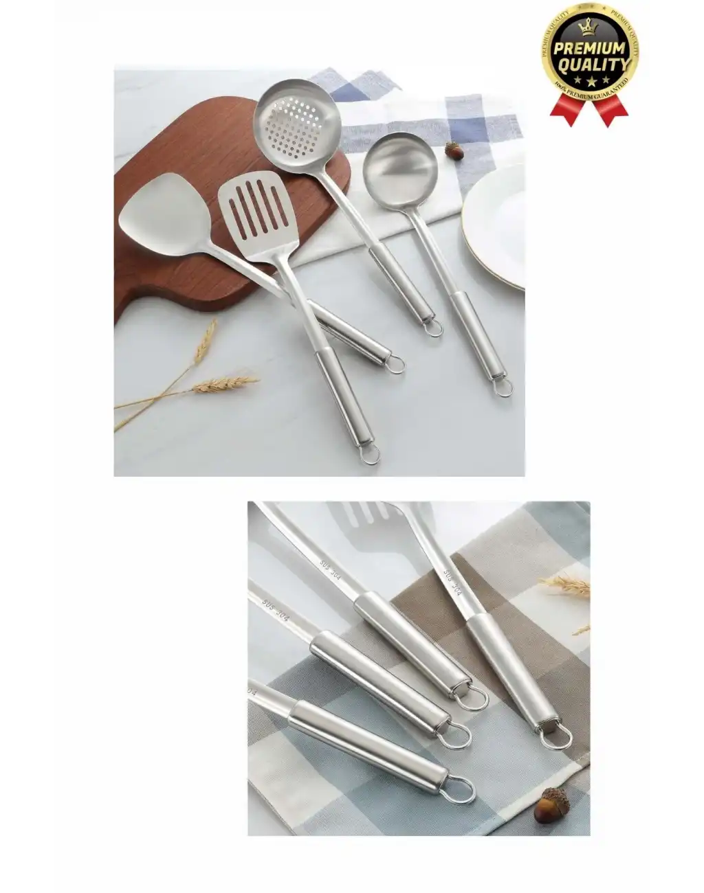 Çok Amaçlı Paslanmaz Çelik Isıya Dayanıklı Saplı Spatula Kepçe 5 Parça Standlı Mutfak Servis Seti