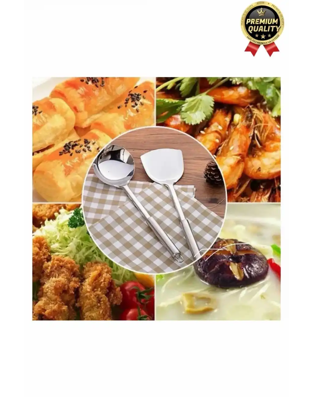 Çok Amaçlı Paslanmaz Çelik Isıya Dayanıklı Saplı Spatula Kepçe 5 Parça Standlı Mutfak Servis Seti