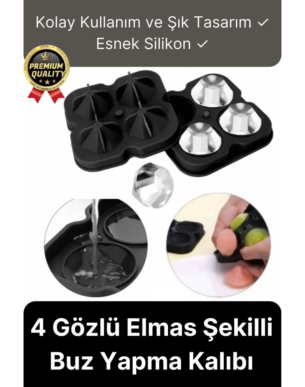Kolay Kullanım Şık Silikon 4 Gözlü Esnek Buzluk Bar Kokteyl İçecek Elmas Şekilli Buz Yapma Kalıbı