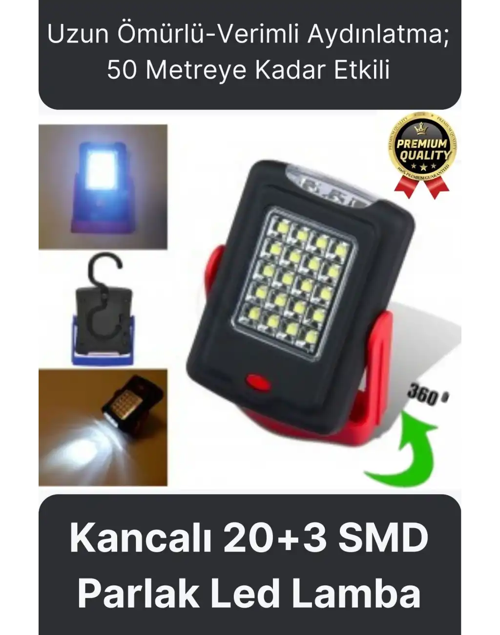 Premium Kancalı Asılabilir Mıknatıslı Pilli Beyaz Işık 50 Metre Mesafeli 20+3 SMD Parlak Led Lamba