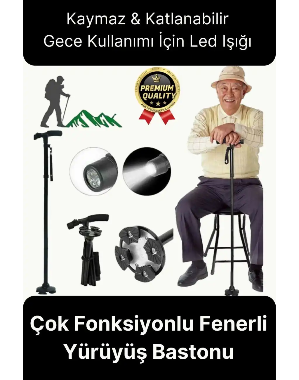 Çok Fonksiyonlu Kaymaz Ayaklı Katlanabilir Dağçı Ve Yaşlılar İçin Led Işıklı Fenerli Yürüyüş Bastonu