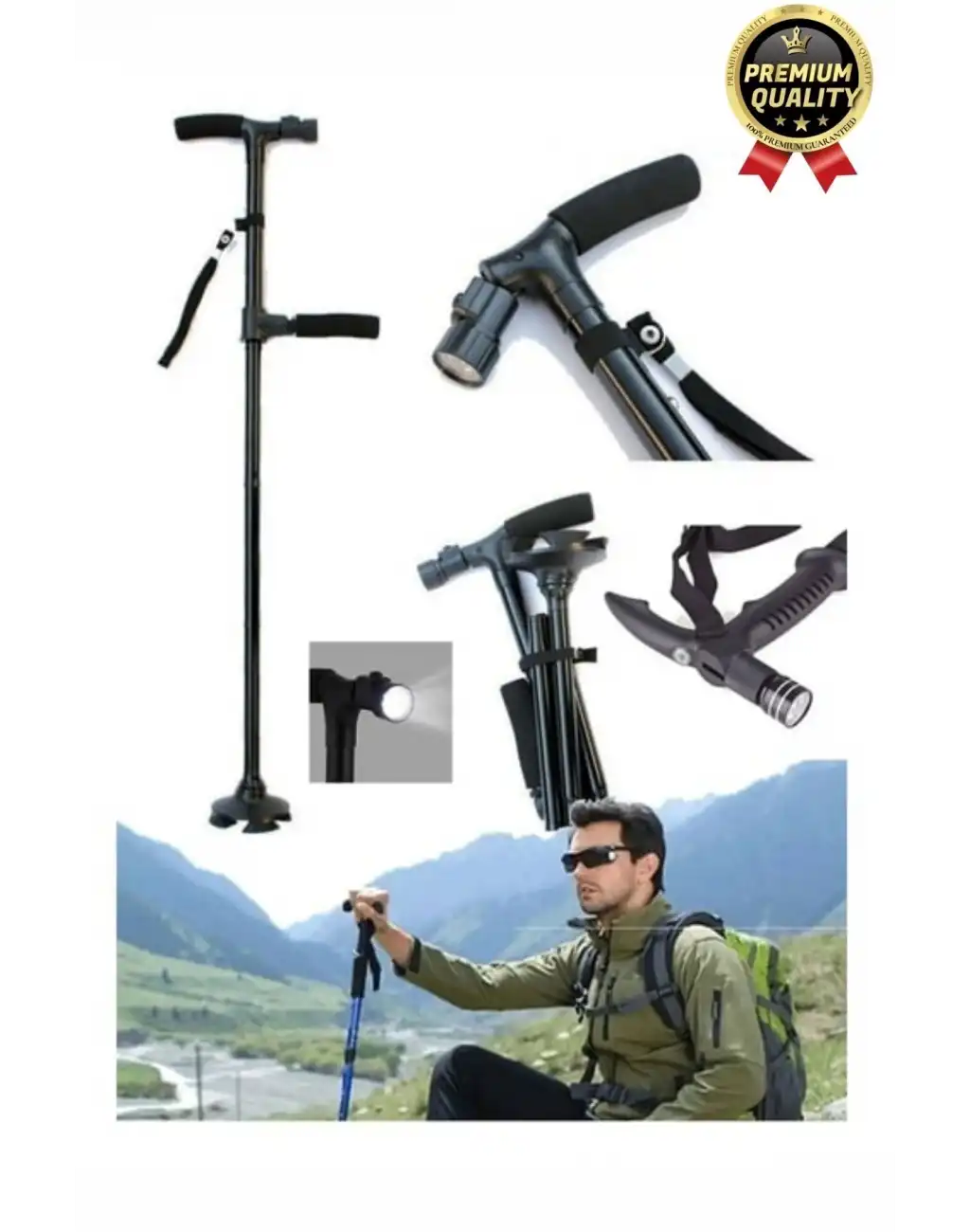 Çok Fonksiyonlu Kaymaz Ayaklı Katlanabilir Dağçı Ve Yaşlılar İçin Led Işıklı Fenerli Yürüyüş Bastonu