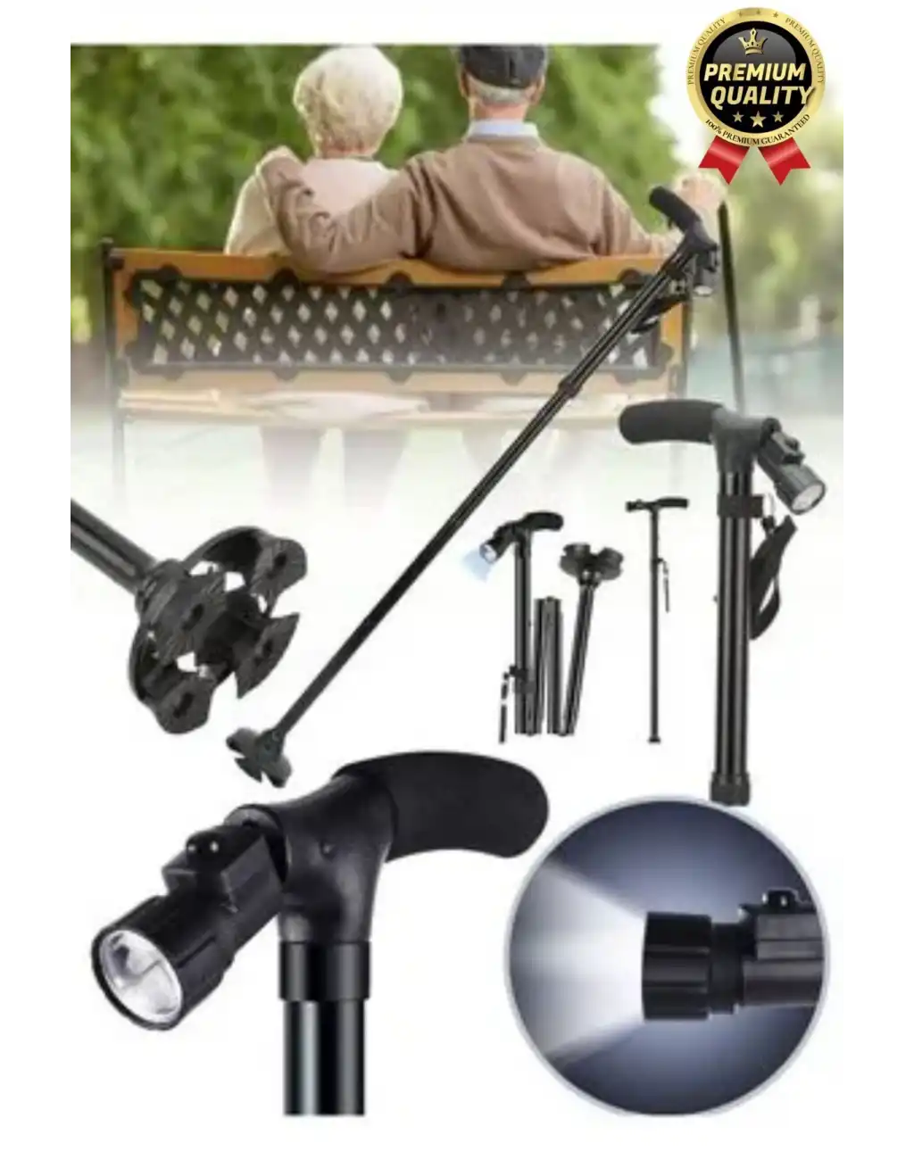 Çok Fonksiyonlu Kaymaz Ayaklı Katlanabilir Dağçı Ve Yaşlılar İçin Led Işıklı Fenerli Yürüyüş Bastonu