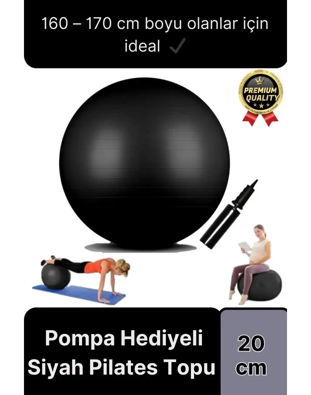 Premium Mini Gymball 20cm Jimnastik Denge Fitness Spor Şişirme Pompası Hediyeli Siyah Pilates Topu