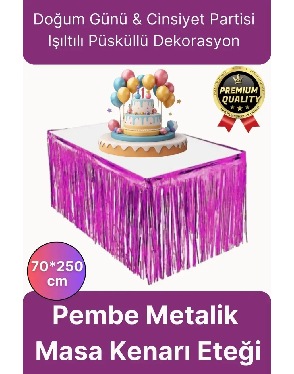 Premium Dekorasyon Püsküllü Işıltılı Doğum Günü Cinsiyet Partisi Pembe Masa Kenarı Eteği 70*250cm