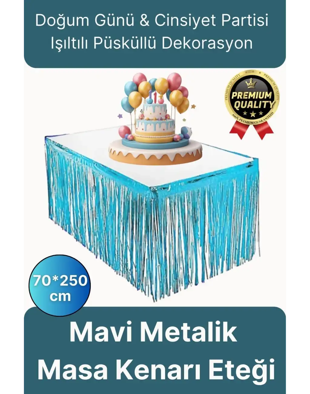 Premium Dekorasyon Püsküllü Işıltılı Doğum Günü Cinsiyet Partisi Mavi Masa Kenarı Eteği 70*250cm