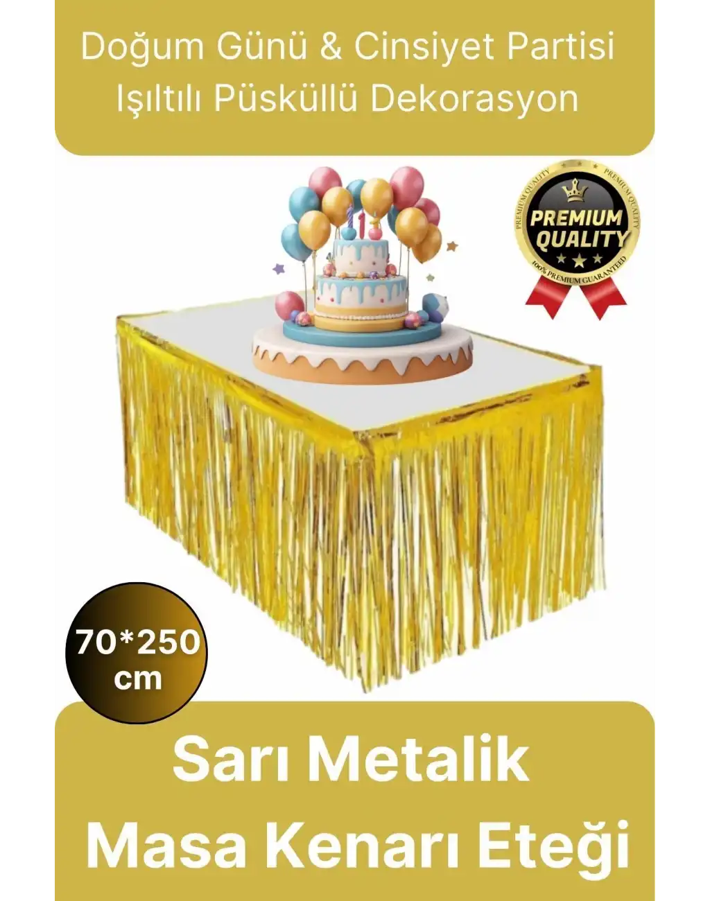 Premium Dekorasyon Püsküllü Işıltılı Doğum Günü Cinsiyet Partisi Sarı Masa Kenarı Eteği 70*250cm