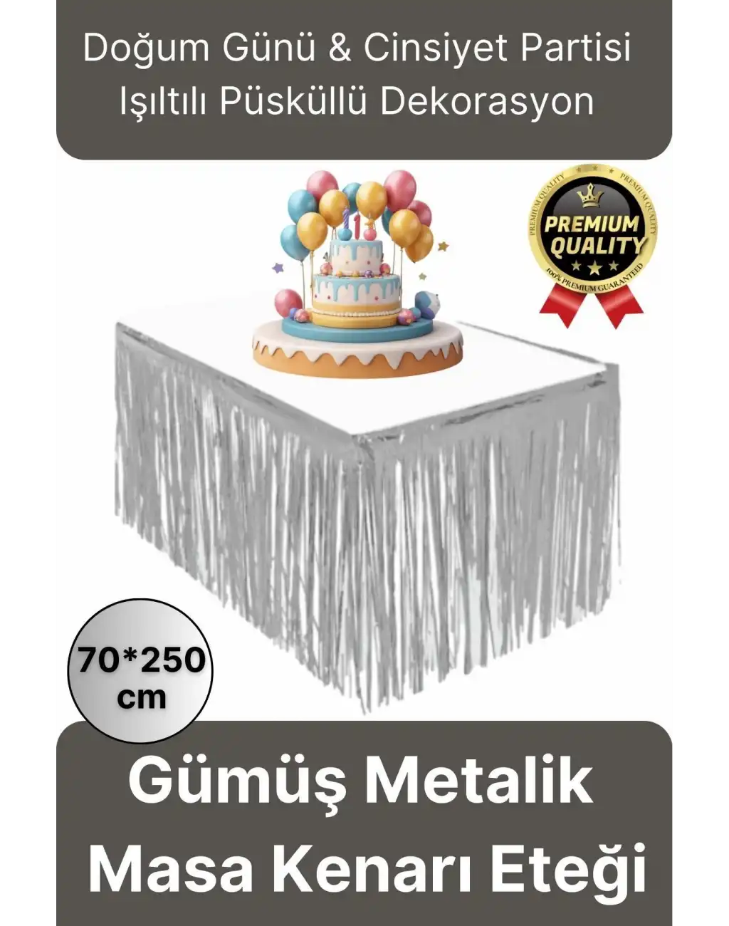 Premium Dekorasyon Püsküllü Işıltılı Doğum Günü Cinsiyet Partisi Gümüş Masa Kenarı Eteği 70*250cm