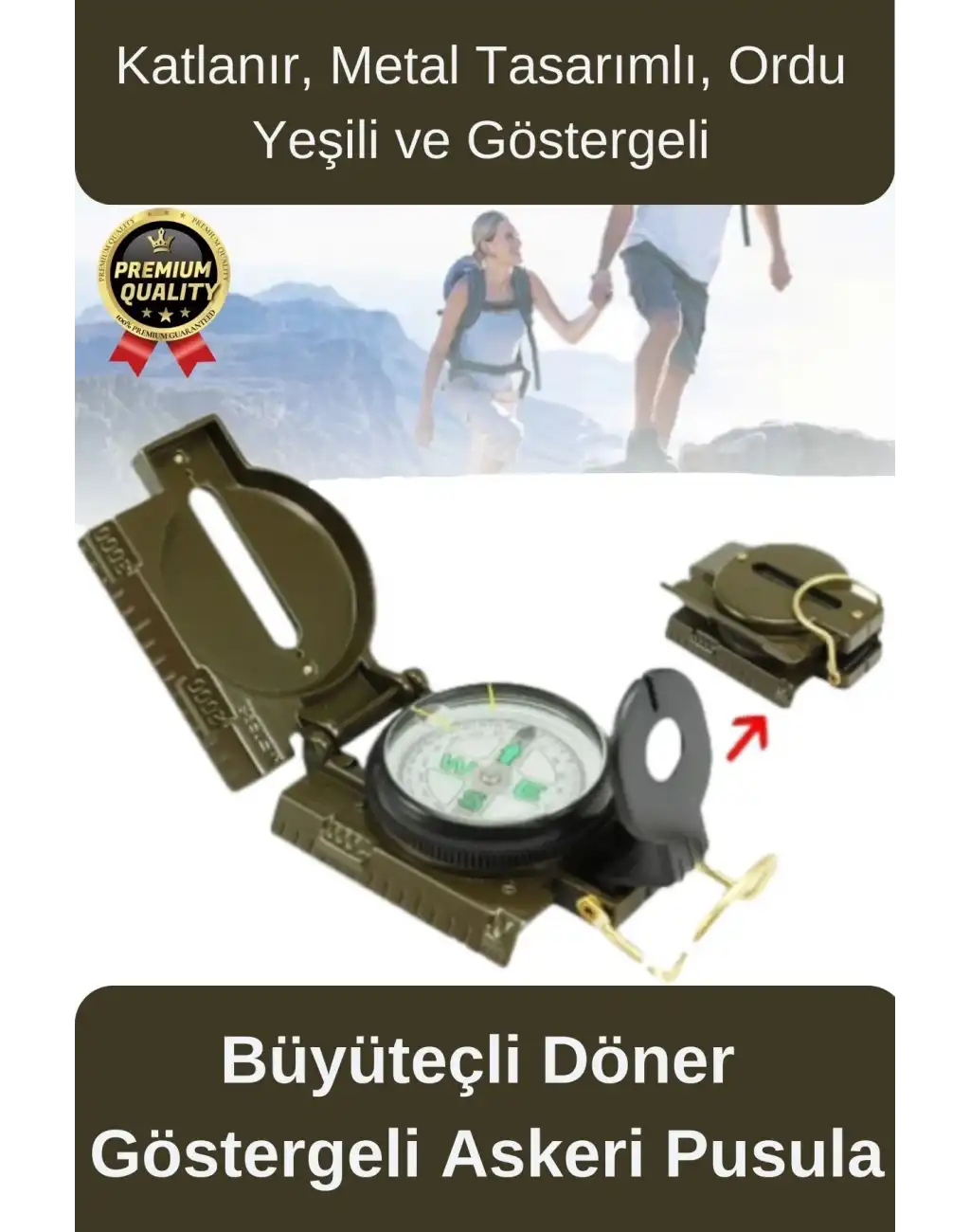 Premium Metal Taşınabilir Katlanır Tel Kılavuzlu Büyüteçli Göstergeli Ordu Yeşili Kamp Askeri Pusula